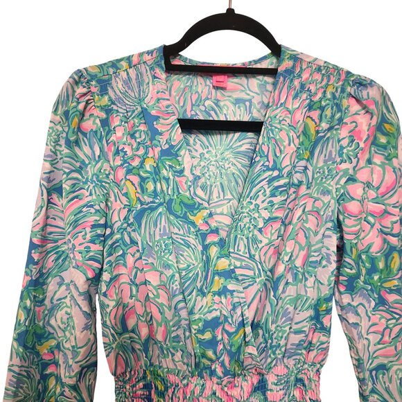 Lilly Pulitzer Blue Pink Cristiana Wrap Style Mini Dress Size 4 Full Bloom - Picture 3 of 10